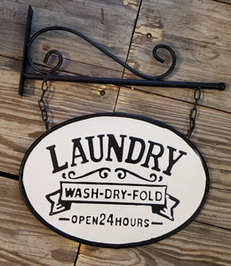 Vintage Style Metal "Laundry Wash Dry Fold" Sign with Hanging Bar | Vintage Character