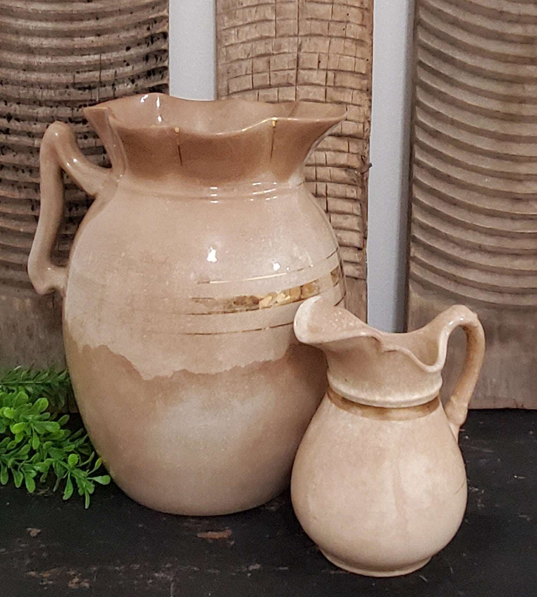 Antique English Ironstone Set of 2 Stained Pitchers | Vintage Character