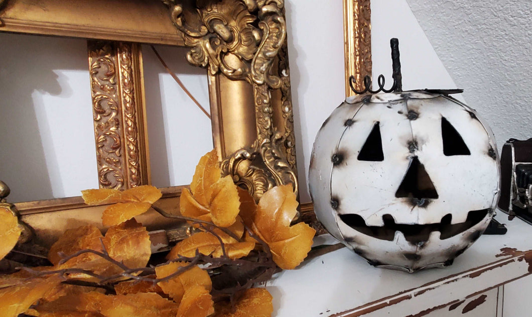 Halloween Small Metal Pumpkin ~ White