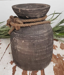 Antique Black Aged Wood Vase/Pot | Vintage Character