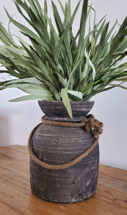 Antique Black Aged Wood Vase/Pot | Vintage Character