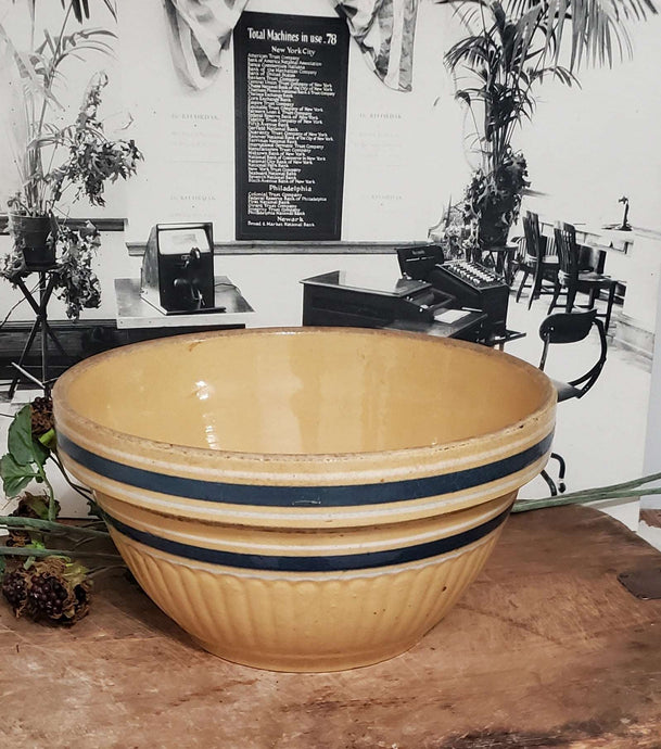 Antique Primitive Yellow Ware Blue Striped Mixing Bowl | Vintage Character