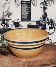 Load image into Gallery viewer, Antique Primitive Yellow Ware Blue Striped Mixing Bowl | Vintage Character