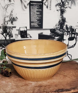 Antique Primitive Yellow Ware Blue Striped Mixing Bowl | Vintage Character