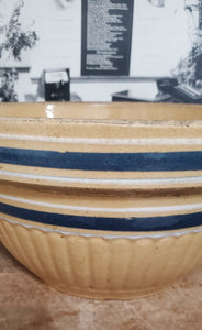 Antique Primitive Yellow Ware Blue Striped Mixing Bowl | Vintage Character