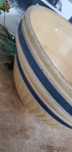 Antique Primitive Yellow Ware Blue Striped Mixing Bowl | Vintage Character