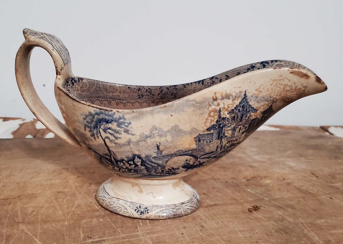 Antique Stained Oriental Blue/Cream Gravy Dish