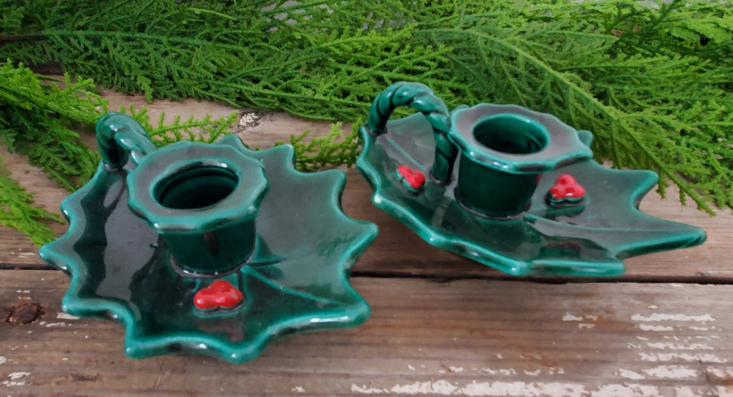 Vintage Ceramic Holly Berry Taper Candle Holder Set
