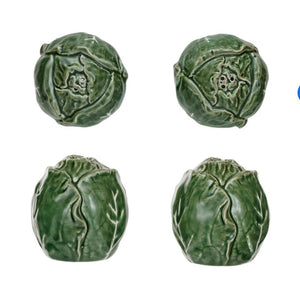 Hand Painted Stoneware Cabbage Shaped Salt & Pepper Shakers | Vintage Character